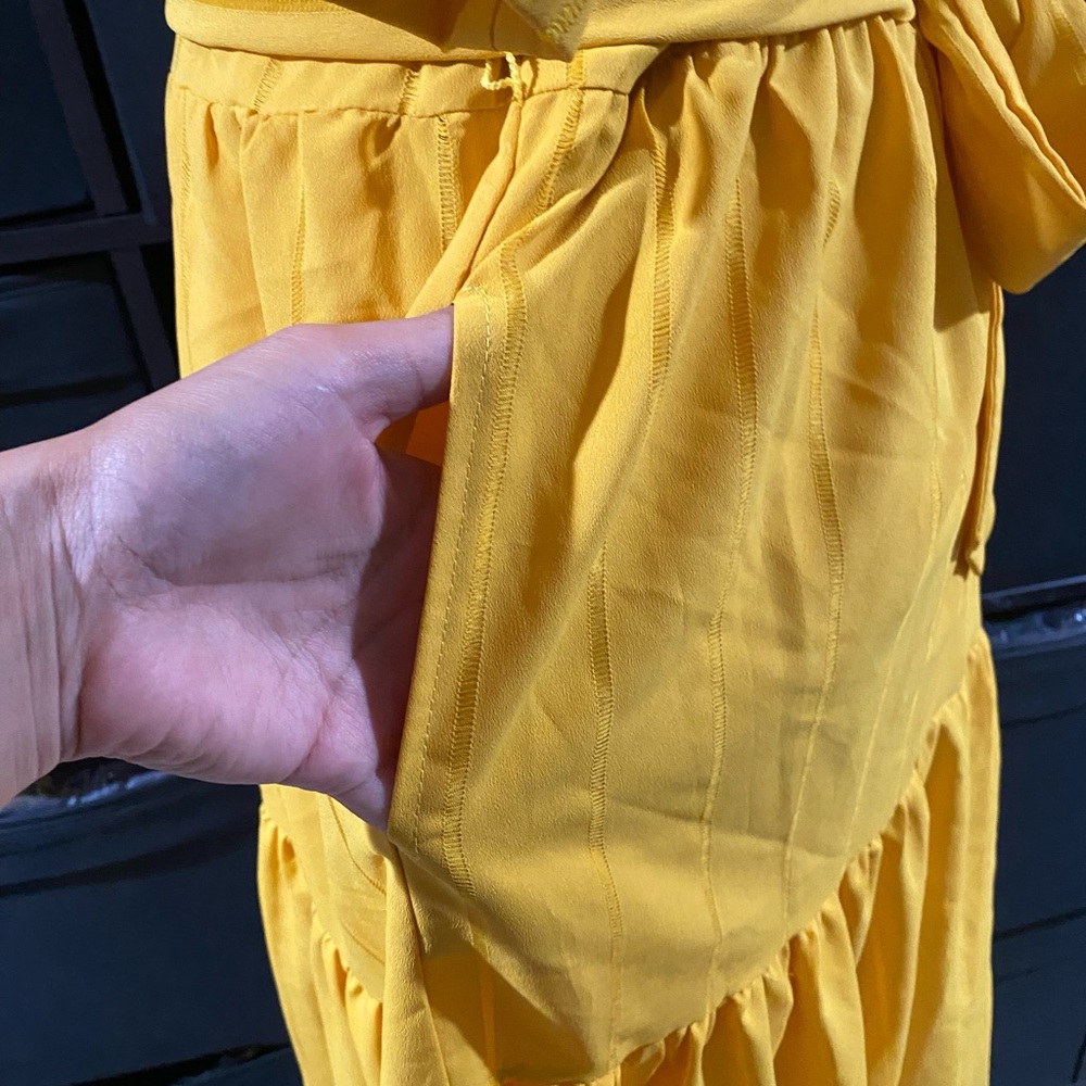 Tahari ASL Yellow Belted Ruffle Dress With‎ Pockets - Picture 7 of 7